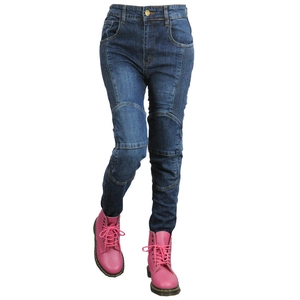 Detail of reinforced knee panels and stretch bellows on women's motorcycle jeans