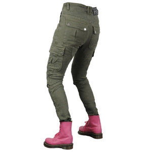 Pantaloni da moto verde militare con tasche multiple e pannelli elasticizzati alle ginocchia