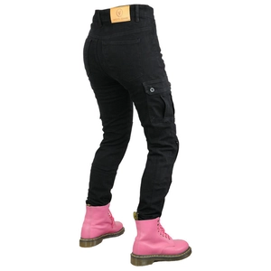 Close-up of black motorcycle cargo jeans showing the Moto Jeans leather tag and side pockets