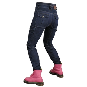 Women's Cordura motorcycle cargo jeans in navy blue with side pockets and stretch panels