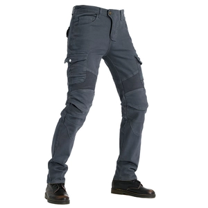 Men motorcycle riding jeans with protective gear and cargo pockets in dark grey blue