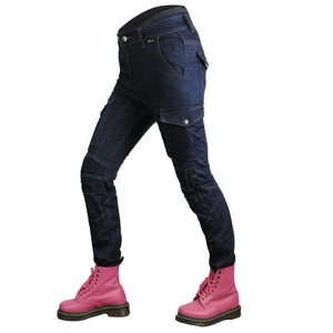 Women's Cordura motorcycle jeans in dark blue with protective knee panels and pink boots