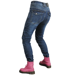 Women's slim-fit motorcycle jeans in dark blue with protective elastic waist pleats