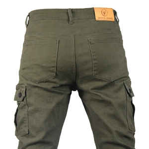 Back view of army green motorcycle cargo jeans with leather logo and large pockets