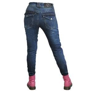 Women's denim motorcycle pants in dark blue with elastic accordion stretch panels on back