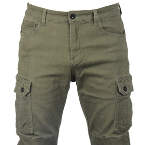 Close-up of olive green motorcycle cargo pants showing waist button and side flap pockets