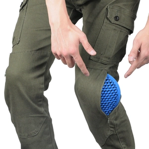 Women's olive green motorcycle cargo pants with blue honeycomb protective knee pads
