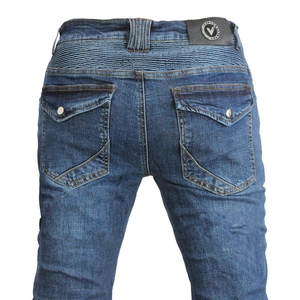 Detail of accordion stretch panels on the back waist of motorcycle riding jeans