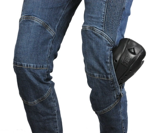 Detail of motorcycle jeans showing knee protection pocket and removable safety padding