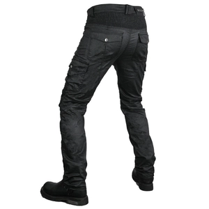 Men's black coated motorcycle jeans with cargo pockets and rear accordion stretch panels