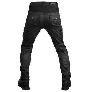 Rear view of black retro coated motorcycle cargo pants with stretch panels and pockets
