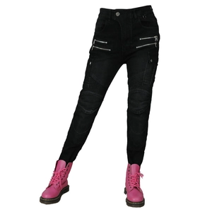 Women's black riding jeans with protective knee pleats and utility pockets