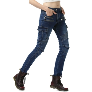 Women's slim fit winter fleece biker jeans in deep blue with armor-ready cargo pockets