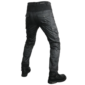 Detail of black motorcycle cargo pants featuring reinforced seams and multi-pocket design