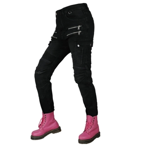 Women's black motorcycle cargo pants with protective knee pads and zip details