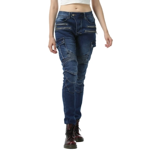 Women's fleece-lined motorcycle riding jeans in dark blue with zipper pockets and knee pleats