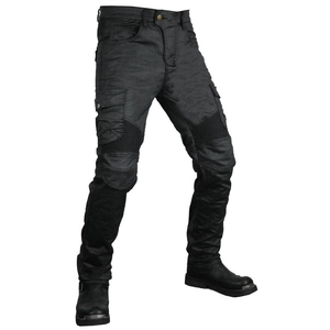 Detail view of motorcycle cargo pants with articulated knees and large side pockets