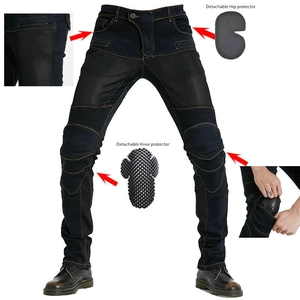 Jean de moto en denim bleu foncé avec protections amovibles aux genoux et aux hanches