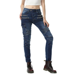 Women's blue motorcycle jeans with protective knee pleats and multi-zipper detail
