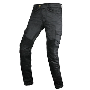 Detailed view of motorcycle cargo pants with articulated accordion panels on the knees
