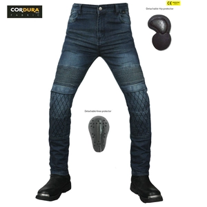 Detail of accordion stretch panels on knees and CE certified armor for riding jeans