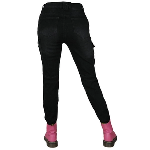 Detailed back view of women's fleece-lined motorcycle riding jeans with cargo pockets