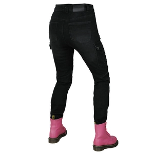 Detail of fleece-lined winter motorcycle jeans featuring cargo pockets and knee protectors