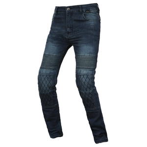 Macro detail of navy motorcycle jeans with Cordura fabric and pleated elastic knee panels
