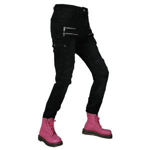 Detail of women's black moto jeans with knee pleats and zipper pockets for biker wear