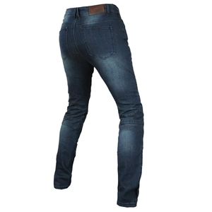 Rear view of motorcycle jeans featuring accordion stretch panels and leather waist patch