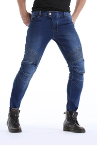 Slim fit blue motorcycle jeans for men with protective accordion panels and moto style