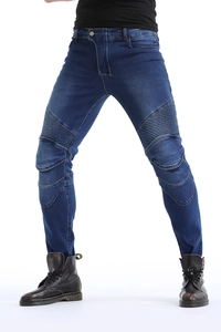 Men's dark blue motorcycle jeans with protective accordion stretch panels and slim fit