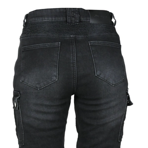Detail view of winter fleece motorcycle jeans with waist stretch panels and cargo pockets
