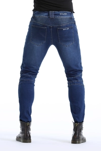Mens dark blue motorcycle jeans with protective stretch panels and wash finish