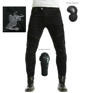 Waterproof motorcycle riding jeans with protective pads and yellow contrast stitching