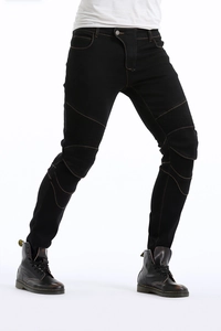 Detail view of motorcycle jeans with protective knee pleats and contrast stitching