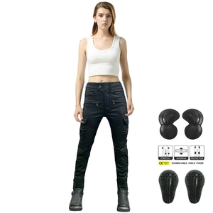 Women's black motorcycle pants with CE certified armor and stretch shirring design
