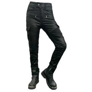 Women's waterproof motorcycle leather pants with stretch panels and riding boots set