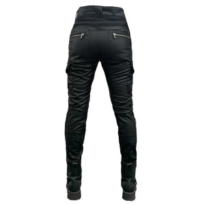 Women's black waterproof motorcycle pants with high waist and back zipper details