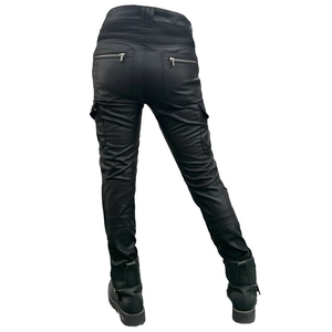 Detail of waterproof motorcycle cargo pants showing rear zipper pocket and pleated waist