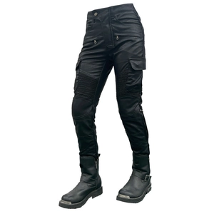 Women's black waterproof motorcycle riding pants with multi-pocket cargo styling and knee armor