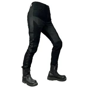 Black motorcycle racing jeans with mesh ventilation and reinforced knee protection panels