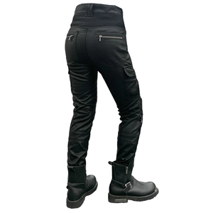 Detail view of black motorcycle cargo pants with elastic ribbing and side zipper pockets