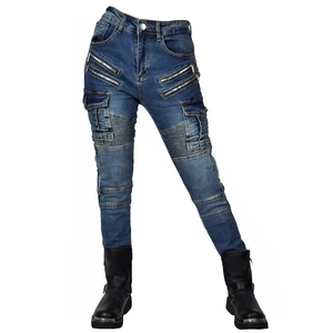 Detail view of motorcycle jeans featuring ribbed knee panels and side cargo pockets