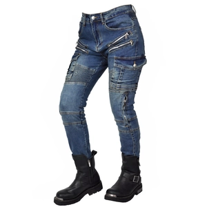 Detail of blue motorcycle jeans with ribbed stretch panels and metal zipper pockets