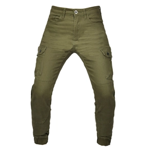 Pantalón cargo de moto verde militar con diseño multibolsillo y costuras de protección