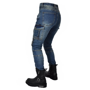 Detail of blue motorcycle riding jeans with side cargo pocket and protective knee pleats