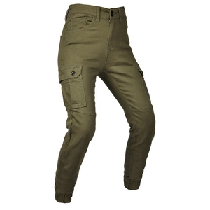 Pantalón de moto verde oliva para mujer con refuerzos en rodillas y bolsillos cargo
