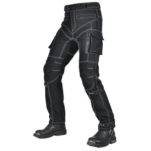Detail of waterproof motorcycle pants with white contrast stitching and cargo pockets