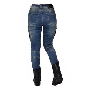 Rear view of slim fit motorcycle jeans with flexible knee panels and cargo pockets